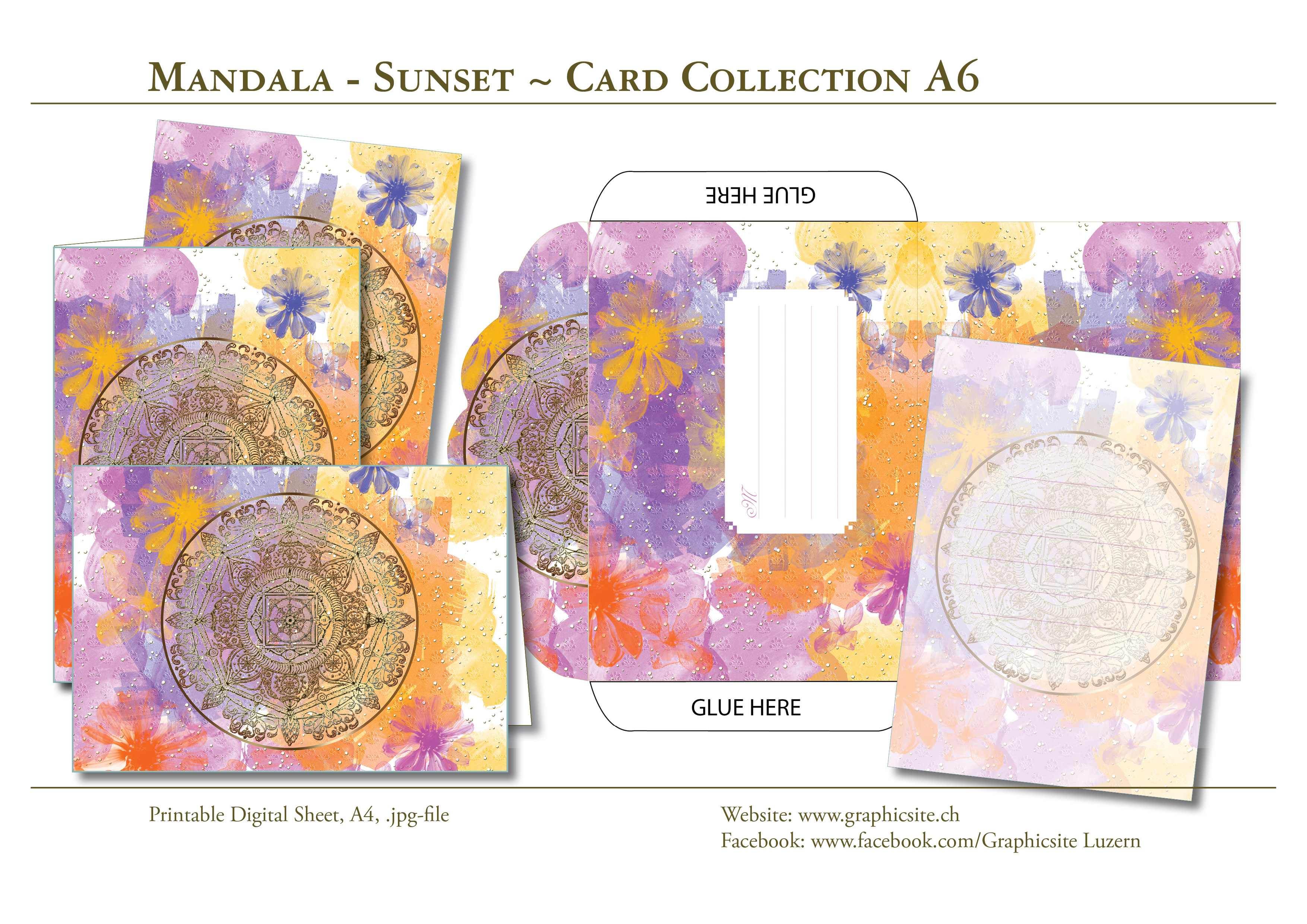 Printable Digital Sheets - DIN A-Formats - MANDALA Sunset - Greeting Cards, Yoga, Meditation, Watercolor, purple, orange, Graphic Design, Luzern, Graphics